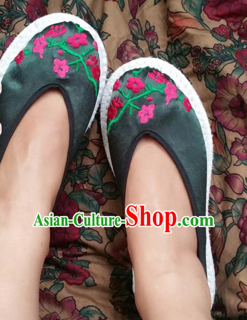 Chinese Ancient Princess Shoes Traditional Atrovirens Satin Slippers Hanfu Shoes Embroidered Shoes for Women