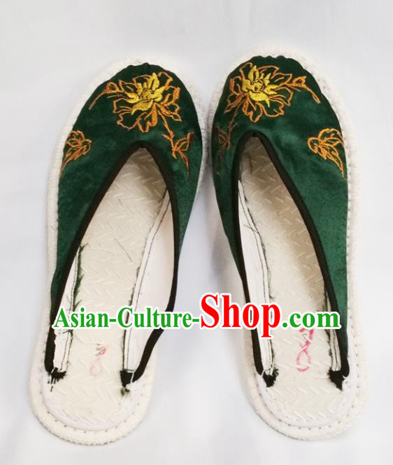 Chinese Ancient Princess Slippers Traditional Embroidered Peony Deep Green Satin Shoes Hanfu Shoes for Women