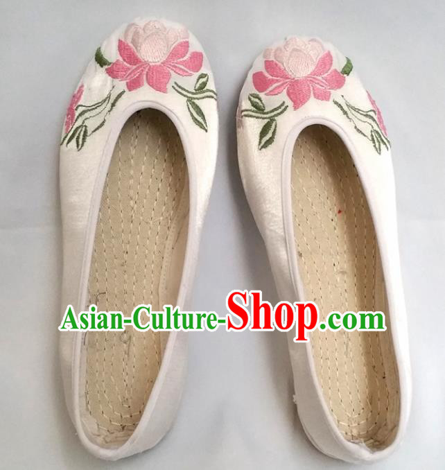 Chinese Ancient Princess Shoes Traditional Cloth Shoes Hanfu Shoes White Embroidered Lotus Shoes for Women