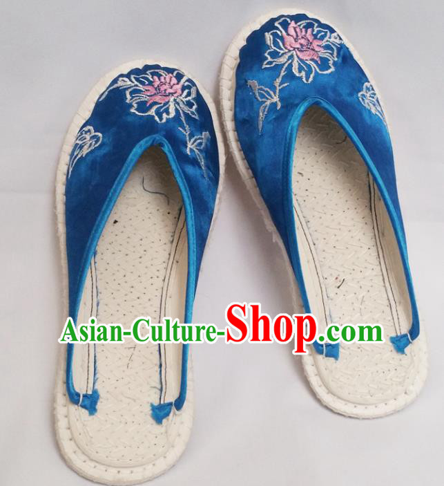 Chinese Ancient Princess Blue Satin Slippers Traditional Embroidered Peony Shoes Hanfu Shoes for Women