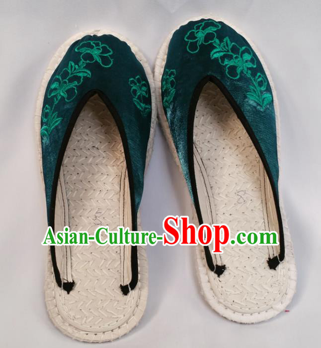 Chinese Ancient Princess Deep Green Satin Slippers Traditional Embroidered Shoes Hanfu Shoes for Women