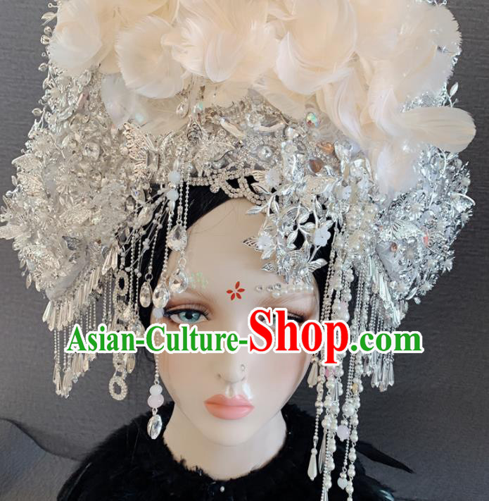 Chinese Handmade White Feather Phoenix Coronet Hair Accessories Halloween Modern Fancywork Headwear for Women