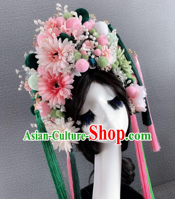 Chinese Handmade Queen Pink Flowers Hair Accessories Halloween Modern Fancywork Headwear for Women