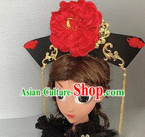 Traditional Chinese Ancient Palace Red Peony Hair Clasp Qing Dynasty Princess Hair Accessories for Women