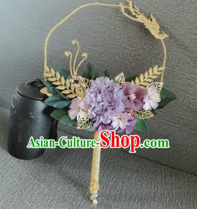 Chinese Traditional Wedding Palace Fans Ancient Bride Purple Flowers Phoenix Round Fans for Women