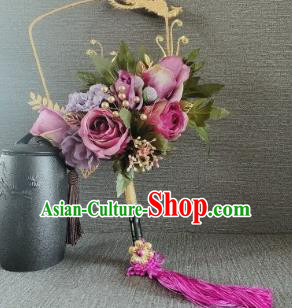 Chinese Traditional Wedding Palace Fans Ancient Bride Purple Roses Phoenix Round Fans for Women