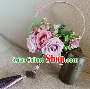 Chinese Traditional Wedding Purple Roses Palace Fans Ancient Bride Round Fans for Women