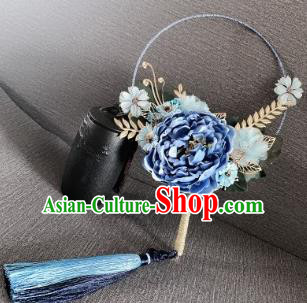 Chinese Traditional Wedding Palace Fans Ancient Bride Blue Peony Phoenix Round Fans for Women