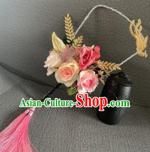 Chinese Traditional Wedding Pink Roses Palace Fans Ancient Bride Round Fans for Women