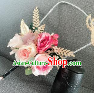 Chinese Traditional Wedding Pink Roses Palace Fans Ancient Bride Round Fans for Women