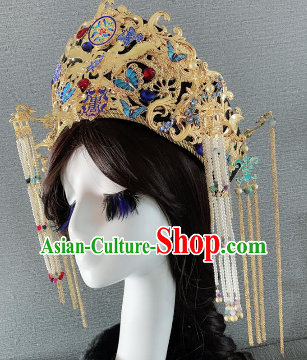 Traditional Chinese Ancient Palace Queen Cloisonne Butterfly Phoenix Coronet Headwear Qing Dynasty Manchu Hair Accessories for Women