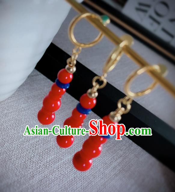 Chinese Traditional Ancient Qing Dynasty Manchu Lady Red Beads Earrings for Women