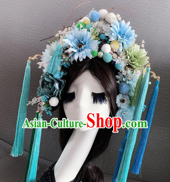 Handmade Chinese Ancient Queen Luxury Blue Flowers Hair Accessories Halloween Modern Fancywork Headwear for Women