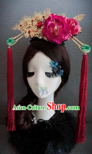 Traditional Chinese Ancient Qing Dynasty Palace Hair Accessories Queen Rosy Peony Headwear for Women