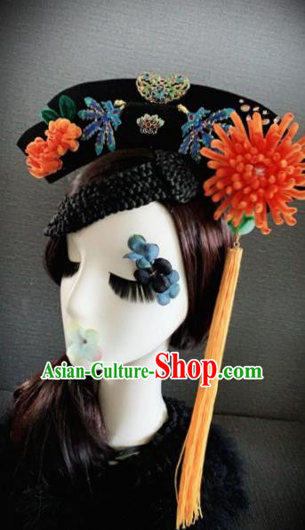 Traditional Chinese Ancient Palace Orange Velvet Chrysanthemum Hair Accessories Qing Dynasty Queen Headwear for Women
