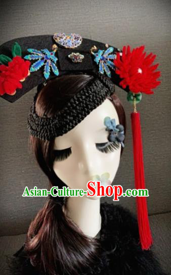 Traditional Chinese Ancient Palace Red Velvet Chrysanthemum Hair Accessories Qing Dynasty Queen Headwear for Women