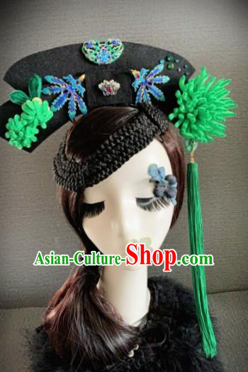 Traditional Chinese Ancient Palace Green Velvet Chrysanthemum Hair Accessories Qing Dynasty Queen Headwear for Women