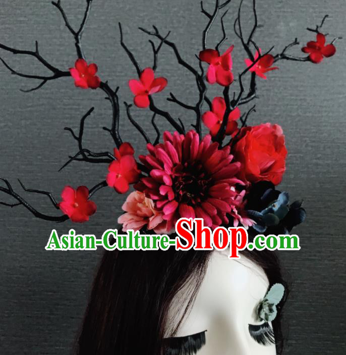 Top Grade Halloween Gothic Red Flowers Branch Hair Accessories Brazilian Carnival Headwear for Women