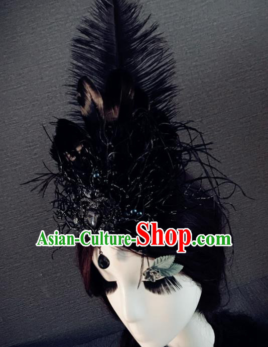 Top Grade Gothic Black Feather Hair Accessories Brazilian Carnival Halloween Headwear for Women