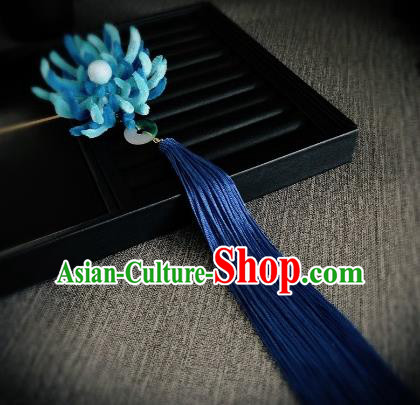 Traditional Chinese Ancient Qing Dynasty Palace Queen Blue Velvet Chrysanthemum Hairpins Headwear Hair Accessories for Women