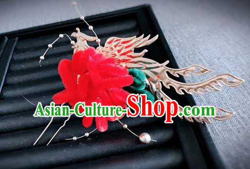 Traditional Chinese Ancient Qing Dynasty Palace Queen Red Velvet Chrysanthemum Phoenix Hairpins Headwear Hair Accessories for Women