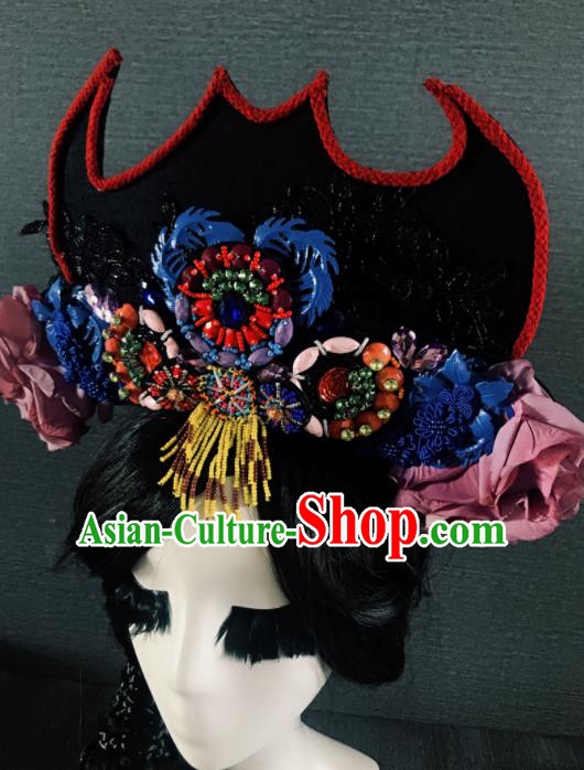 Handmade Chinese Ancient Luxury Black Hat Hair Accessories Halloween Queen Modern Fancywork Headwear for Women