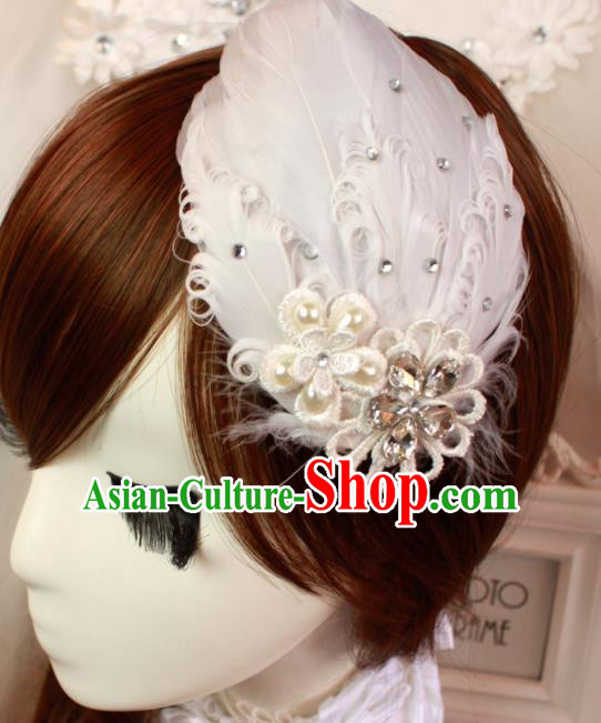 Top Grade Bride Hair Stick Headwear Princess White Feather Hair Accessories for Women