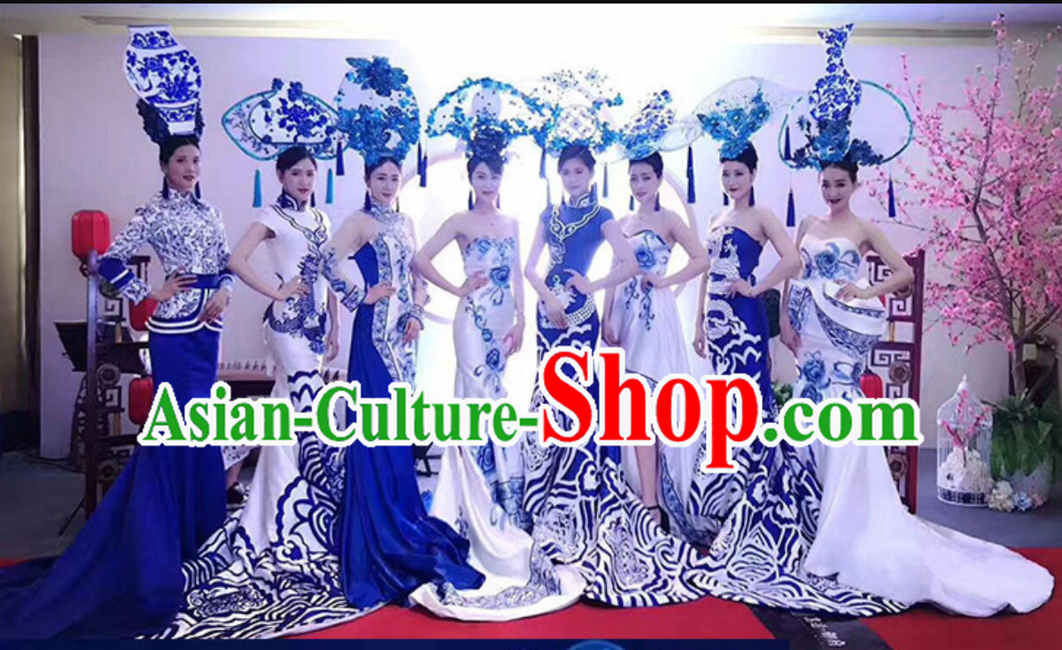 Traditional Blue and White Porcelain Silk Fabric Maxi Dress Long Evening Dress