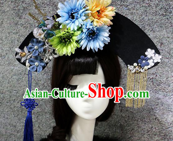 Chinese Ancient Palace Headwear Traditional Qing Dynasty Manchu Blue Flowers Hair Accessories for Women