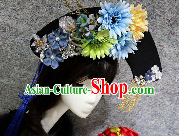 Chinese Ancient Palace Headwear Traditional Qing Dynasty Manchu Blue Flowers Hair Accessories for Women