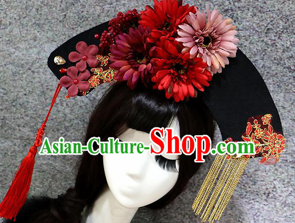 Chinese Ancient Palace Headwear Traditional Qing Dynasty Manchu Red Flowers Hair Accessories for Women