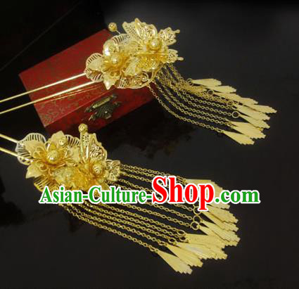 Chinese Ancient Bride Golden Tassel Hairpins Traditional Hanfu Step Shake Hair Accessories for Women