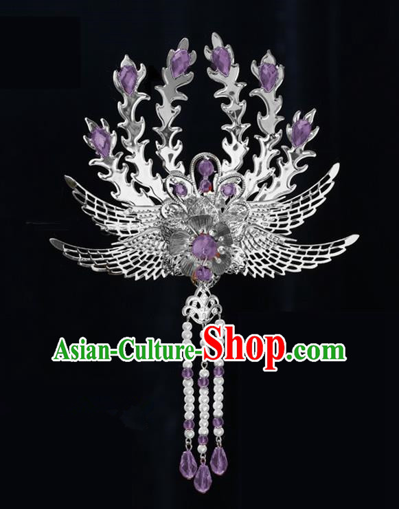 Chinese Ancient Princess Tassel Hair Clip Purple Crystal Phoenix Hairpins Traditional Palace Hanfu Hair Accessories for Women