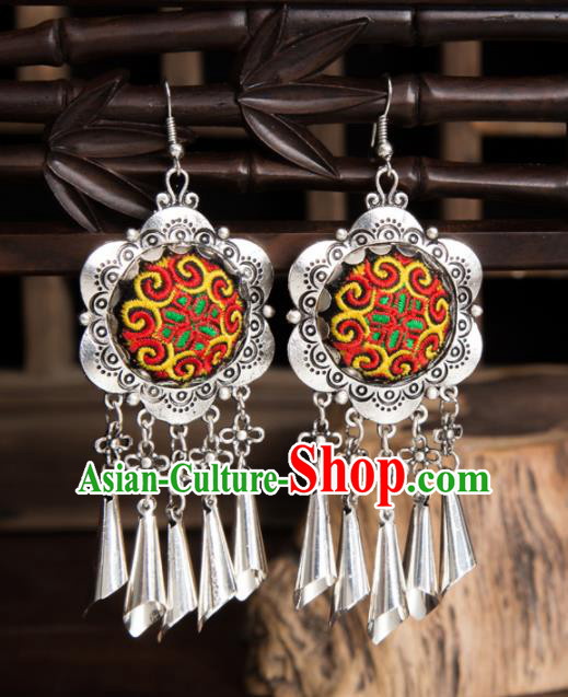 Top Grade Chinese Traditional Ethnic Accessories Miao Nationality Red Embroidered Earrings for Women