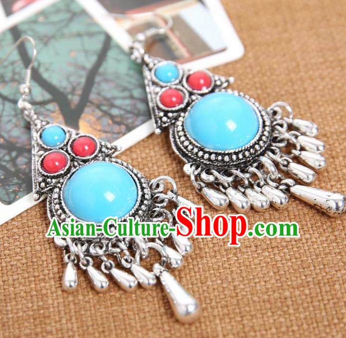 Top Grade Chinese Zang Nationality Blue Earrings Traditional Ethnic Accessories for Women