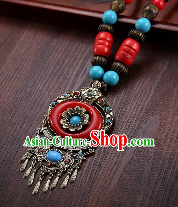 Handmade Chinese Zang Nationality Necklace Traditional Ethnic Red Necklet Accessories for Women