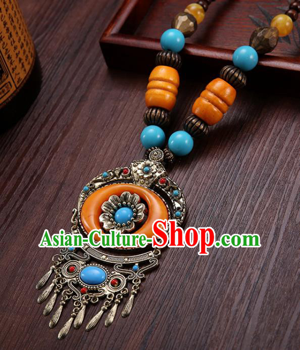 Handmade Chinese Zang Nationality Necklace Traditional Ethnic Orange Necklet Accessories for Women