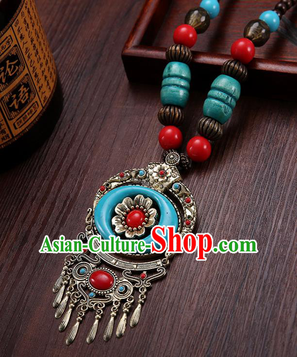 Handmade Chinese Zang Nationality Necklace Traditional Ethnic Blue Necklet Accessories for Women