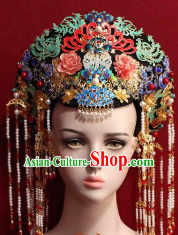 Chinese Ancient Empress Headwear Cloisonne Tassel Hat Traditional Qing Dynasty Queen Hair Accessories for Women