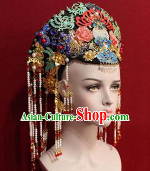 Chinese Ancient Empress Headwear Cloisonne Tassel Hat Traditional Qing Dynasty Queen Hair Accessories for Women