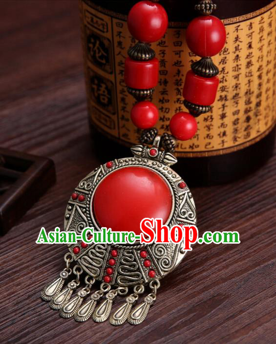 Handmade Chinese Ethnic Tibetan Red Necklace Traditional Zang Nationality Necklet Accessories for Women