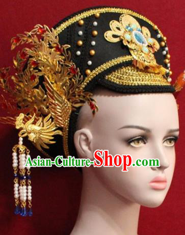 Chinese Ancient Manchu Empress Headwear Golden Phoenix Hat Traditional Qing Dynasty Queen Hair Accessories for Women