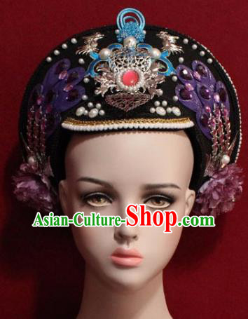 Chinese Ancient Manchu Empress Headwear Purple Phoenix Hat Traditional Qing Dynasty Queen Hair Accessories for Women