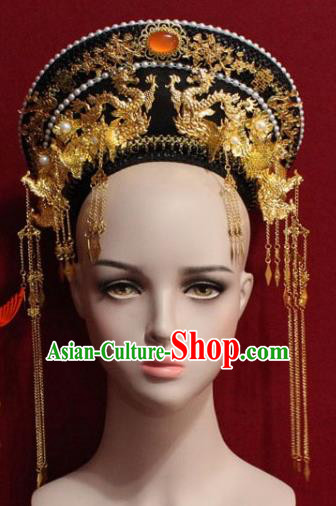 Chinese Ancient Manchu Empress Headwear Golden Phoenix Tassel Hat Traditional Qing Dynasty Queen Hair Accessories for Women