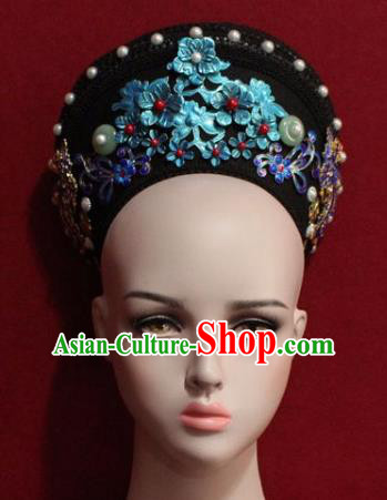 Chinese Ancient Manchu Empress Headwear Blueing Flowers Hat Traditional Qing Dynasty Queen Hair Accessories for Women