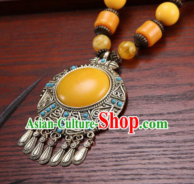 Handmade Chinese Ethnic Tibetan Yellow Necklace Traditional Zang Nationality Necklet Accessories for Women