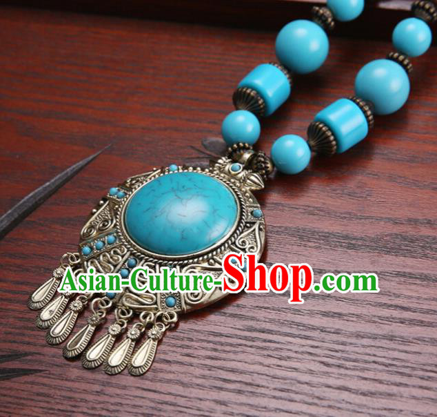 Handmade Chinese Ethnic Tibetan Blue Necklace Traditional Zang Nationality Necklet Accessories for Women
