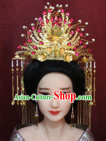 Chinese Ancient Rosy Crystal Phoenix Coronet Headwear Traditional Tang Dynasty Queen Hairpins Hair Accessories for Women