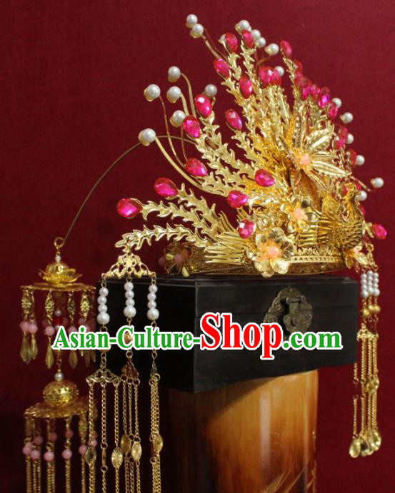 Chinese Ancient Rosy Crystal Phoenix Coronet Headwear Traditional Tang Dynasty Queen Hairpins Hair Accessories for Women