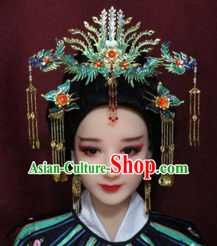 Chinese Ancient Cloisonne Phoenix Coronet Headwear Traditional Tang Dynasty Queen Hairpins Hair Accessories for Women